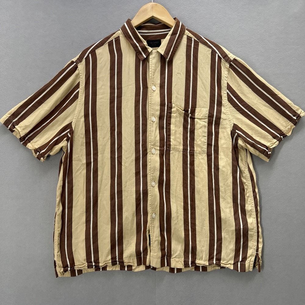 Todd Snyder Men Large Brown Beige Striped Camp Shirt Viscose Short Sleeve